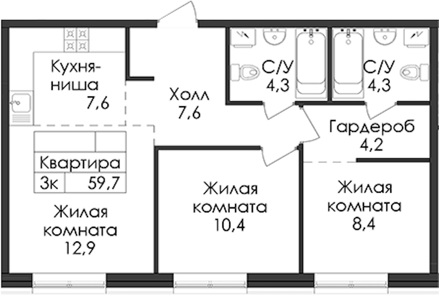 2-комнатная квартира 59.7 м², 1/9 эт., ЖК «Лермонтовский 54»